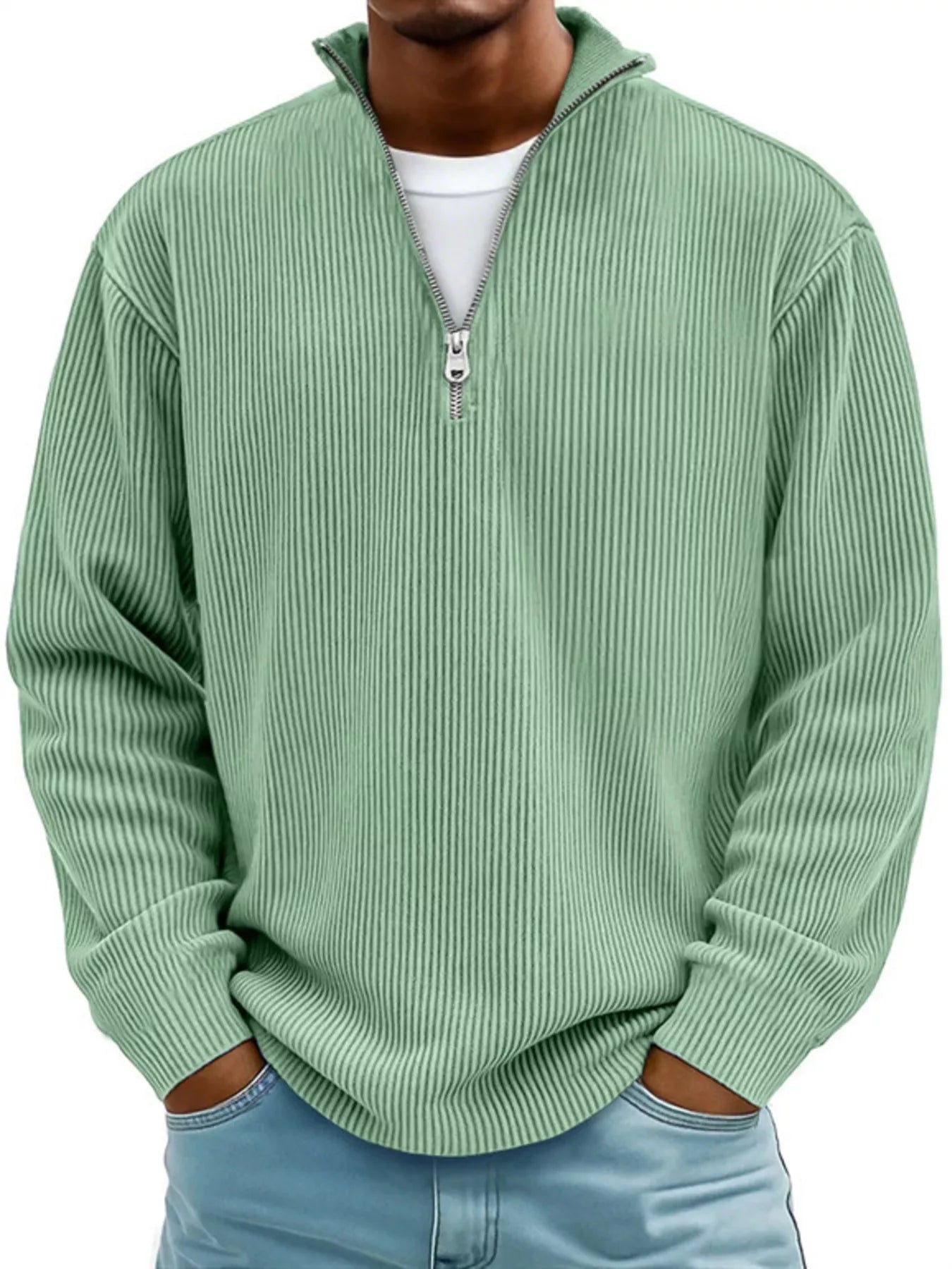 Men's Full Size Corduroy Quarter Zip Pullover Sweatshirt Light Green | Dirt Rich Elegance | Apparel, Accessories, Home Goods & Personal Care