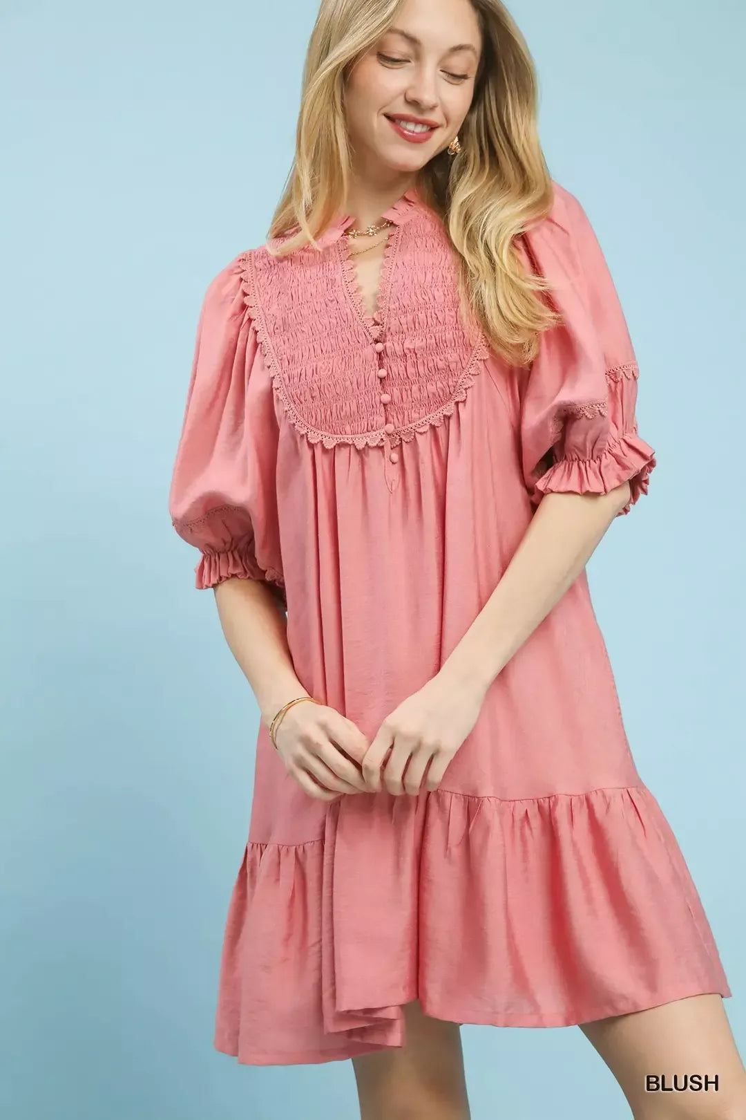 Umgee Smocked Bib Ruffle Hem Babydoll Dress BLUSH | Dirt Rich Elegance | Apparel, Accessories, Home Goods & Personal Care