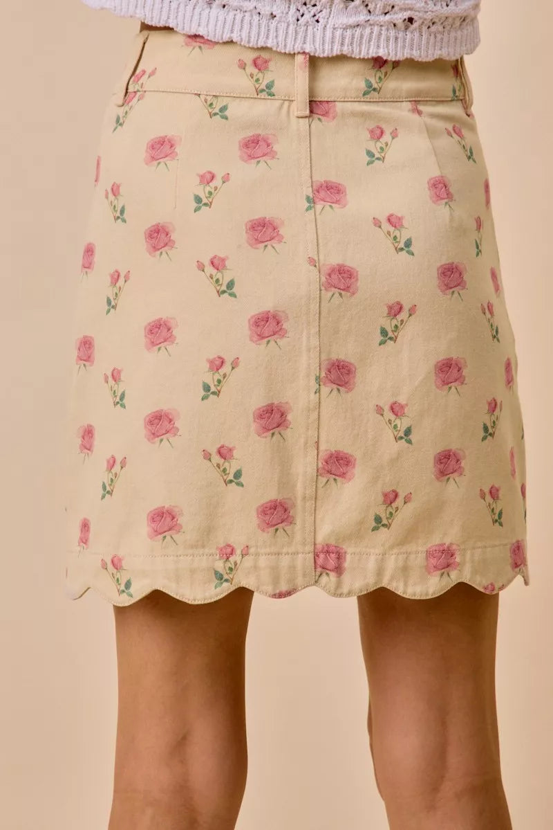 SO ME Floral Rose Print Cotton Twill Scallop Mini Skirt | Dirt Rich Elegance | Apparel, Accessories, Home Goods & Personal Care
