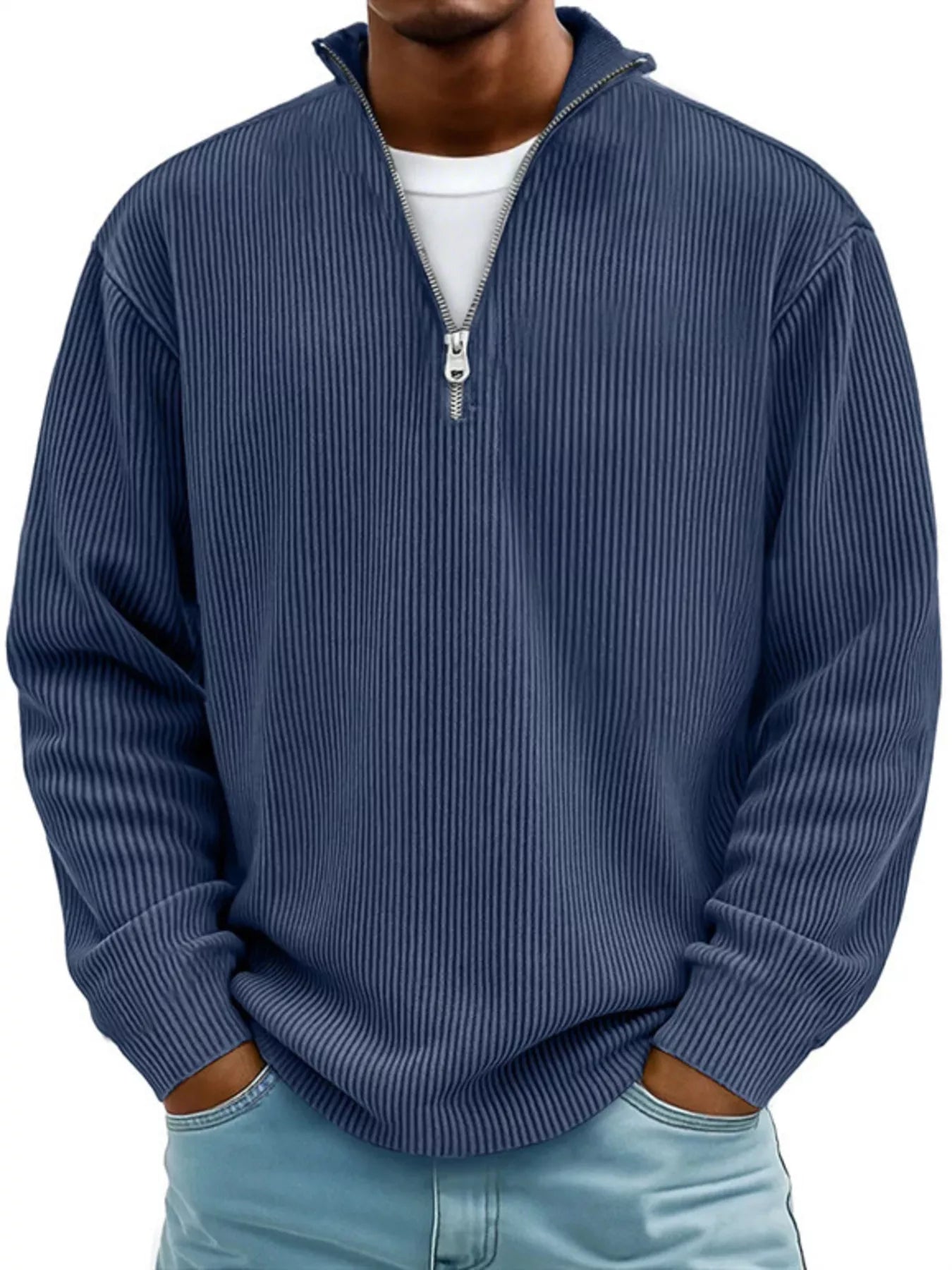 Men's Full Size Corduroy Quarter Zip Pullover Sweatshirt Peacock Blue | Dirt Rich Elegance | Apparel, Accessories, Home Goods & Personal Care