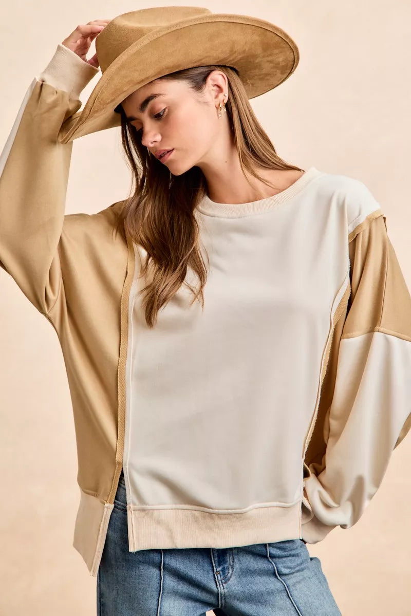 BiBi French Terry Color Block Top With Open Seam Detail | Dirt Rich Elegance | Apparel, Accessories, Home Goods & Personal Care