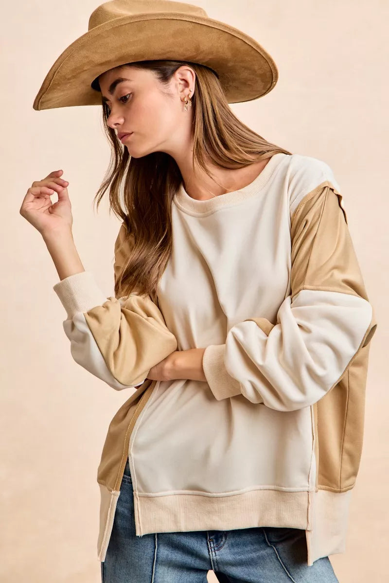 BiBi French Terry Color Block Top With Open Seam Detail | Dirt Rich Elegance | Apparel, Accessories, Home Goods & Personal Care