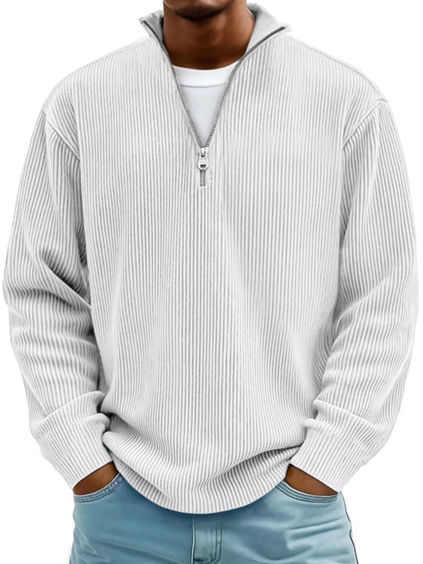 Men's Full Size Corduroy Quarter Zip Pullover Sweatshirt White | Dirt Rich Elegance | Apparel, Accessories, Home Goods & Personal Care