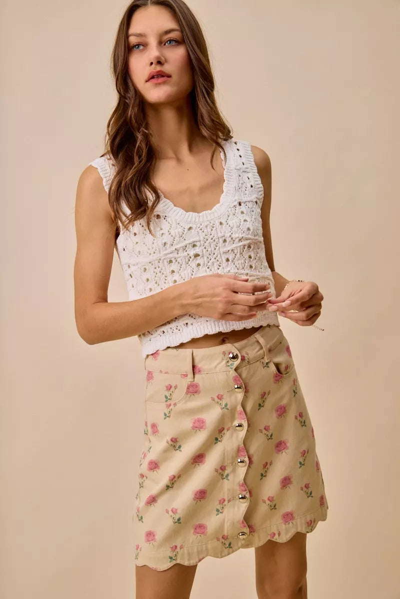 SO ME Floral Rose Print Cotton Twill Scallop Mini Skirt | Dirt Rich Elegance | Apparel, Accessories, Home Goods & Personal Care
