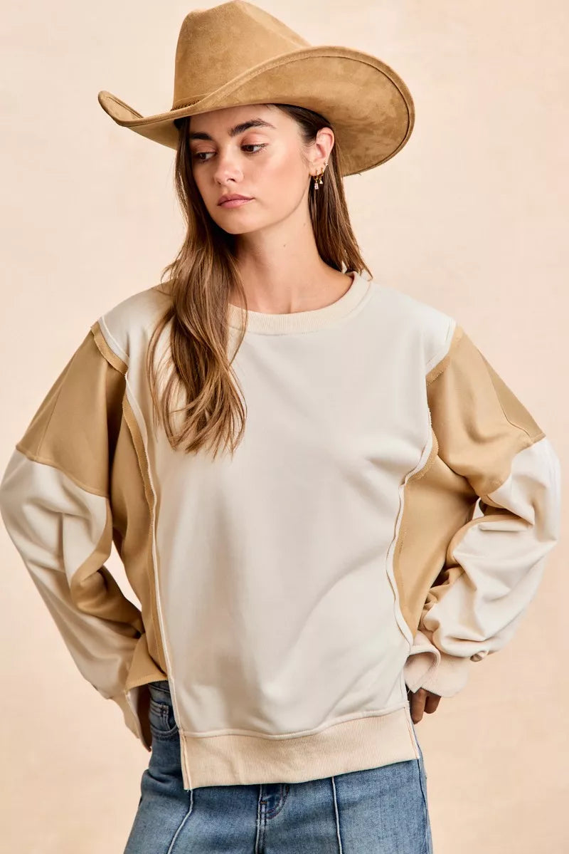 BiBi French Terry Color Block Top With Open Seam Detail IVORY SAND | Dirt Rich Elegance | Apparel, Accessories, Home Goods & Personal Care