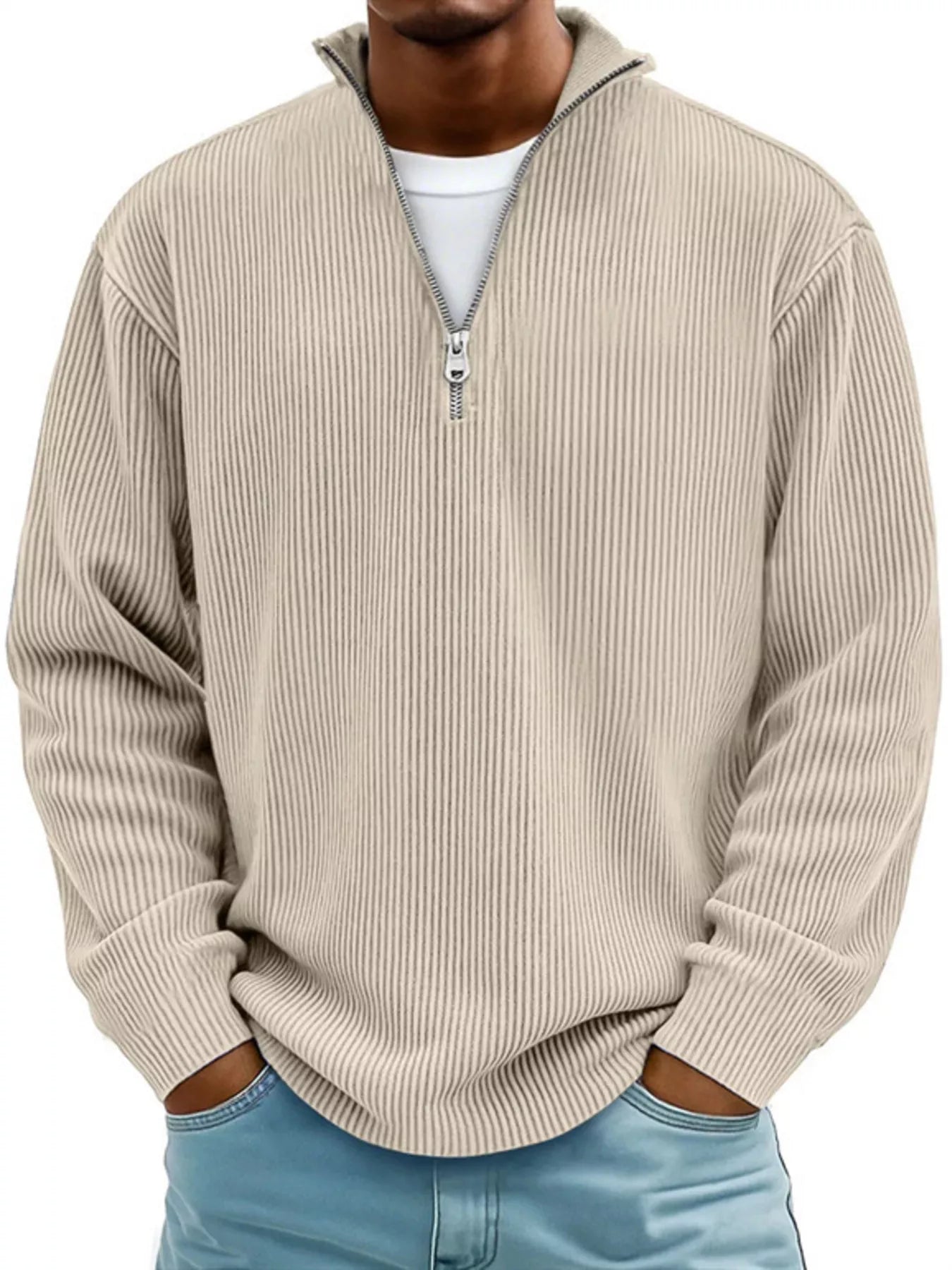 Men's Full Size Corduroy Quarter Zip Pullover Sweatshirt Beige | Dirt Rich Elegance | Apparel, Accessories, Home Goods & Personal Care
