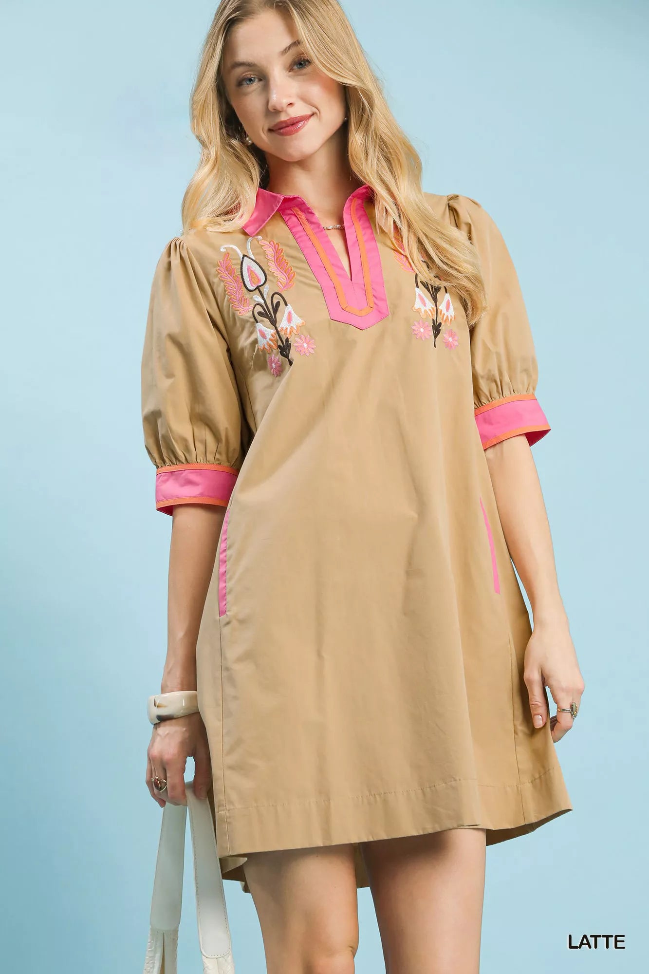 Umgee Embroidered Contrast Trim Tunic Dress LATTE | Dirt Rich Elegance | Apparel, Accessories, Home Goods & Personal Care
