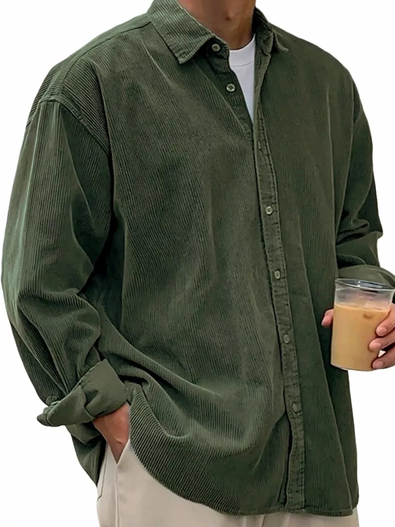 Men's Full Size Vintage Corduroy Long Sleeve Shirt Army Green | Dirt Rich Elegance | Apparel, Accessories, Home Goods & Personal Care