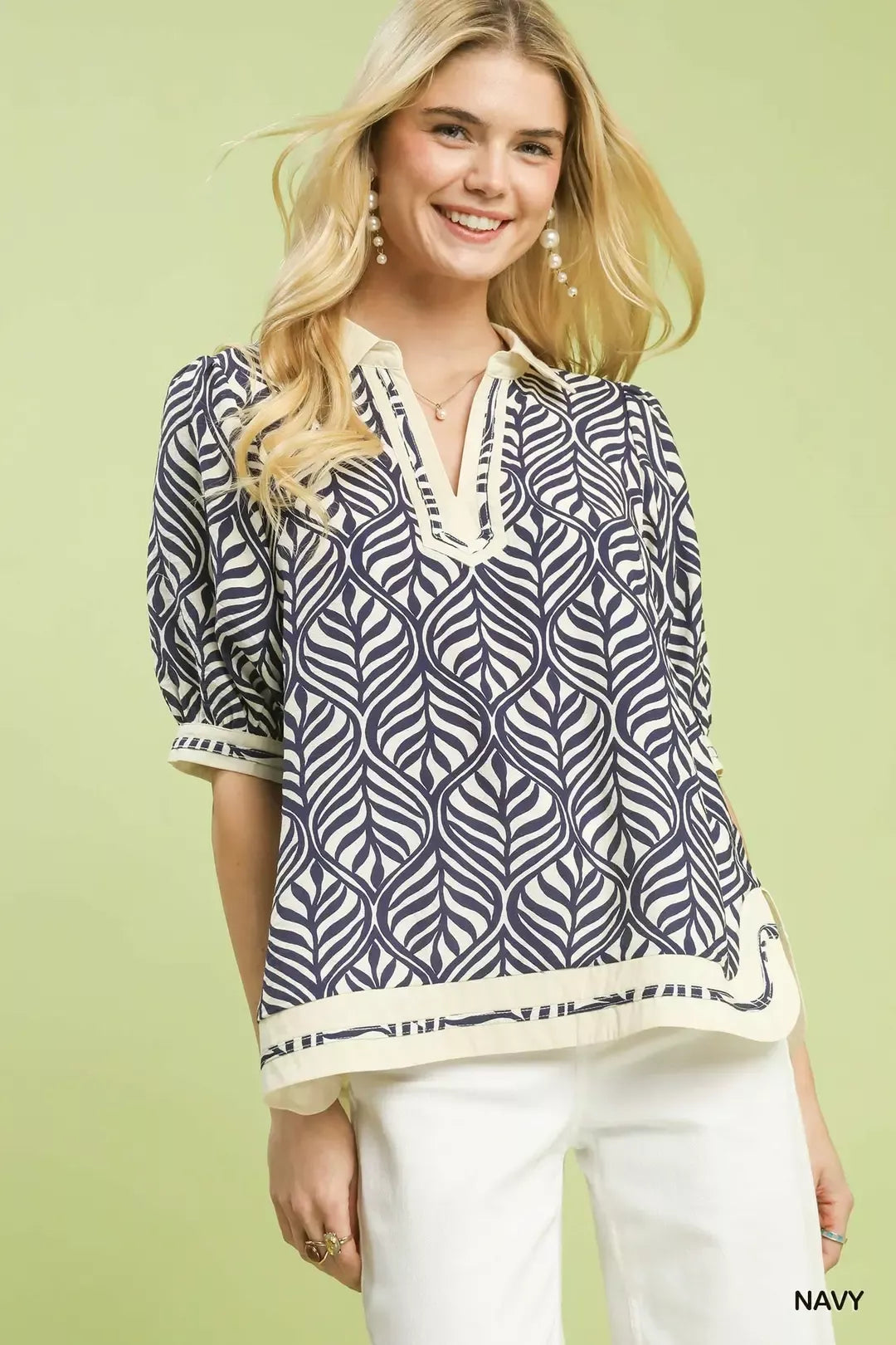 Umgee Geometric Leaf Print Popover Top NAVY | Dirt Rich Elegance | Apparel, Accessories, Home Goods & Personal Care