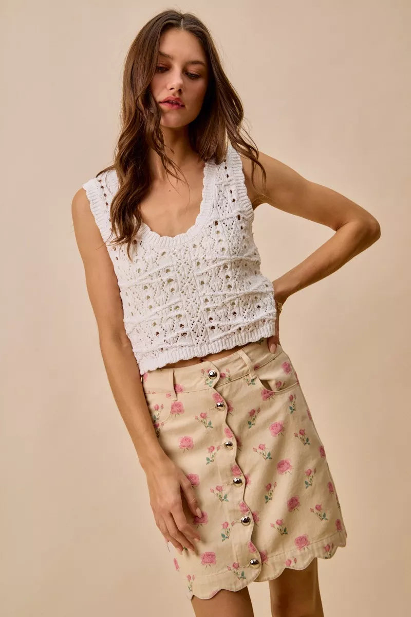 SO ME Floral Rose Print Cotton Twill Scallop Mini Skirt | Dirt Rich Elegance | Apparel, Accessories, Home Goods & Personal Care