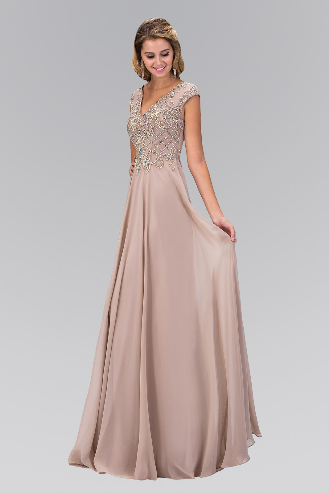 V-Neck Chiffon Floor Length Dress with Jewel Embellished Bodice Tan | Dirt Rich Elegance | Apparel, Accessories, Home Goods & Personal Care