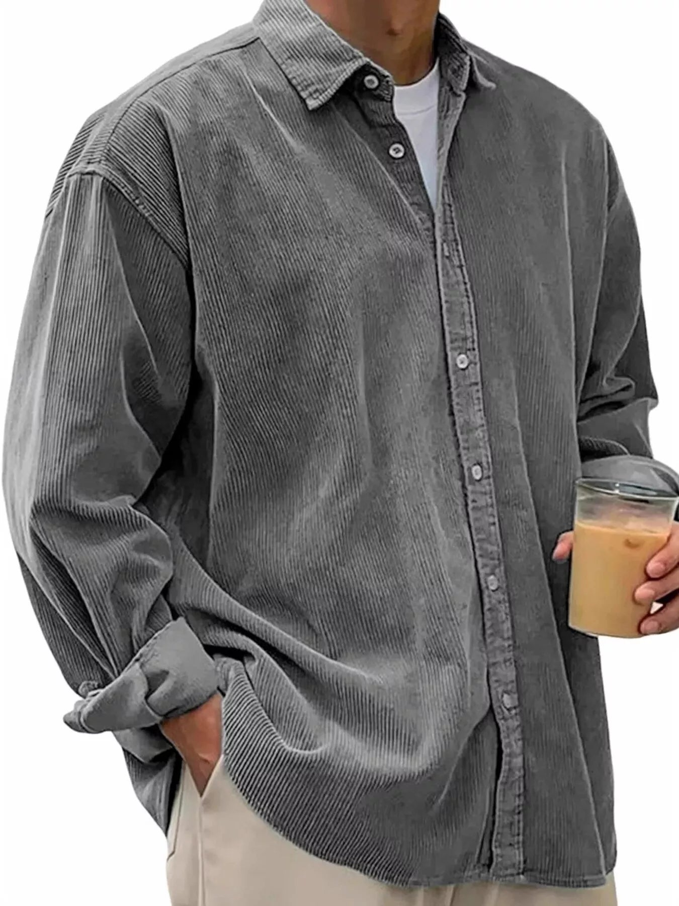 Men's Full Size Vintage Corduroy Long Sleeve Shirt Gray | Dirt Rich Elegance | Apparel, Accessories, Home Goods & Personal Care