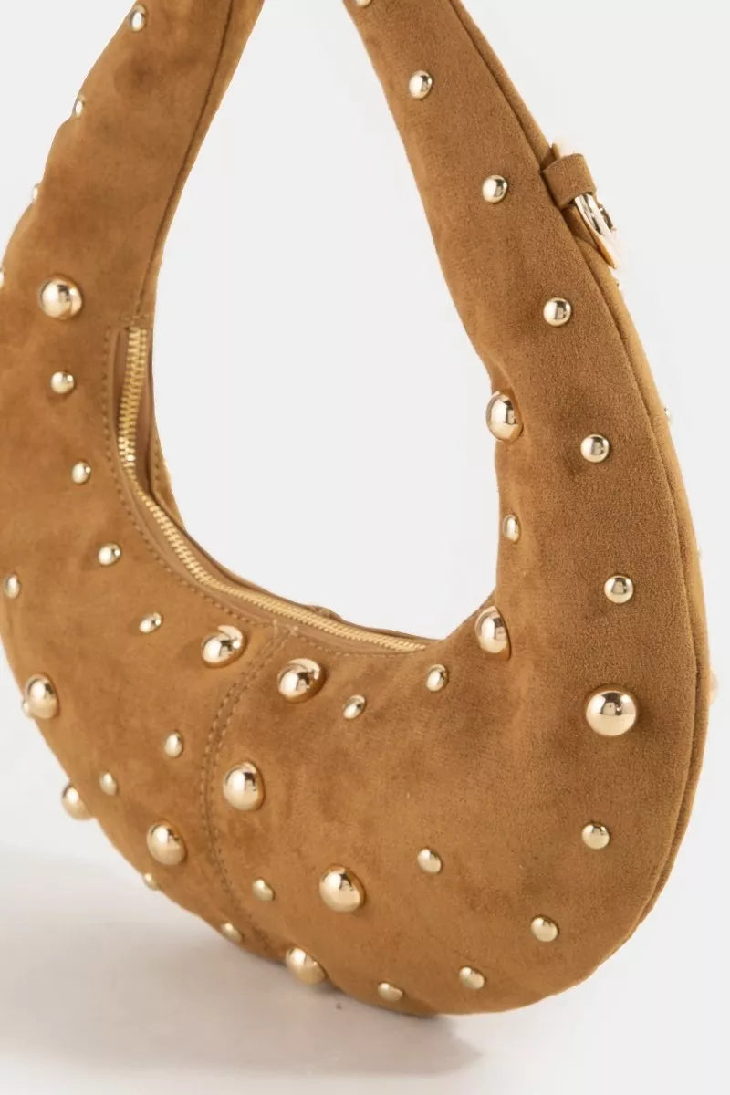 Fame Dome Studded Chrome Crescent Hand Bag | Dirt Rich Elegance | Apparel, Accessories, Home Goods & Personal Care
