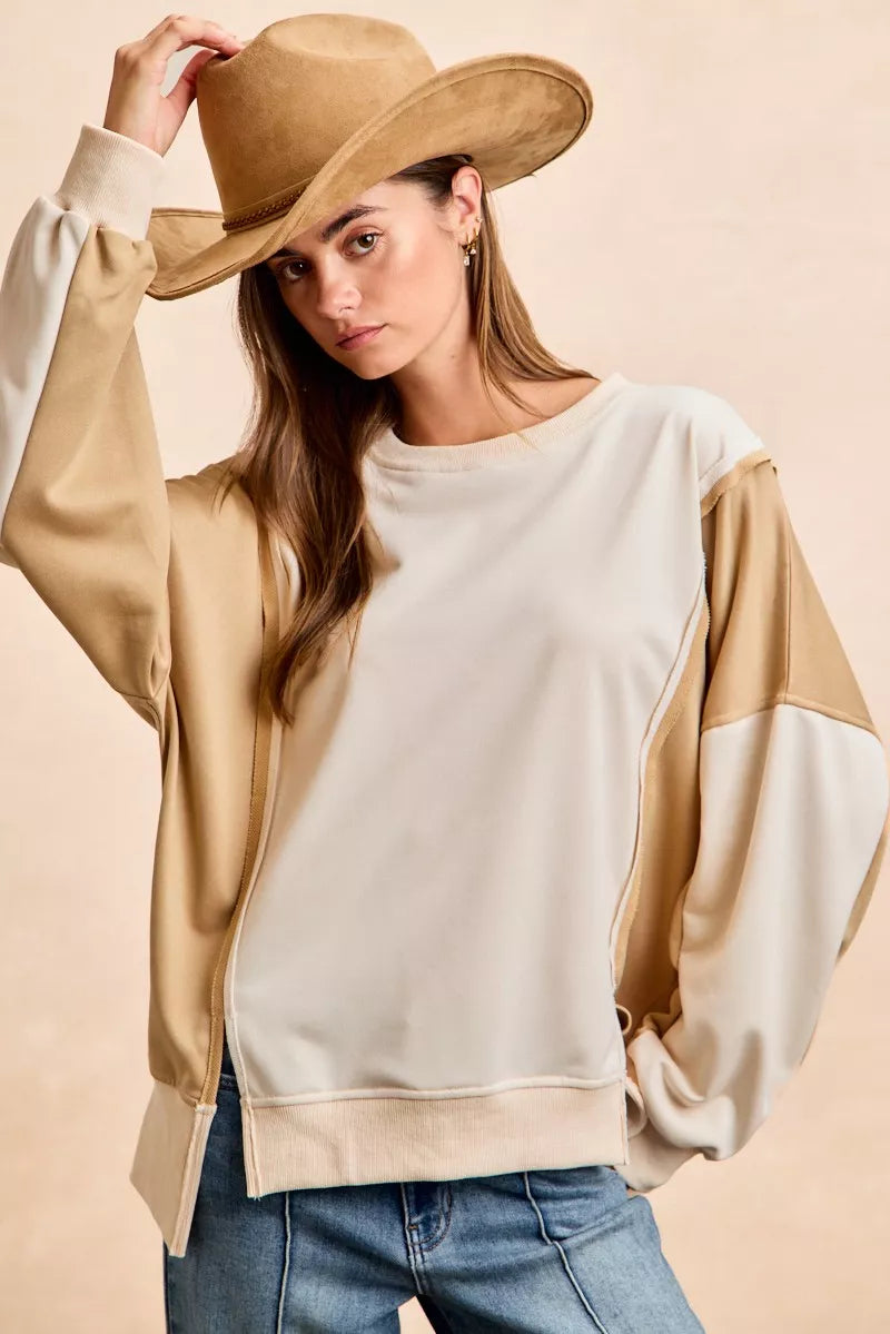 BiBi French Terry Color Block Top With Open Seam Detail | Dirt Rich Elegance | Apparel, Accessories, Home Goods & Personal Care
