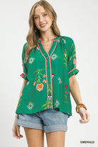 Miami Margaritas Botanical Print Contrast Trim Button Blouse EMERALD | Dirt Rich Elegance | Apparel, Accessories, Home Goods & Personal Care