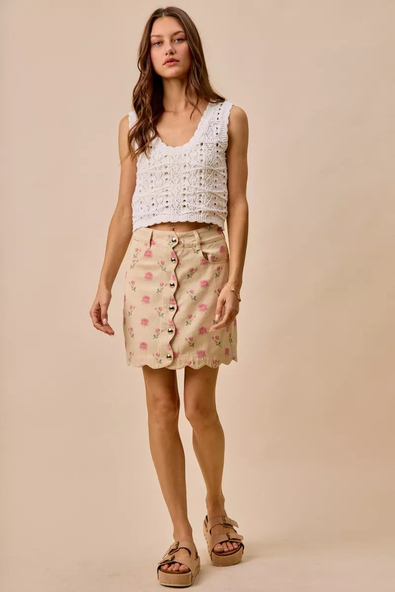 SO ME Floral Rose Print Cotton Twill Scallop Mini Skirt | Dirt Rich Elegance | Apparel, Accessories, Home Goods & Personal Care