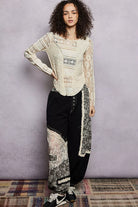 POL Round Neck Long Sleeve Exposed Seam Top with Lace Detail | Dirt Rich Elegance | Apparel, Accessories, Home Goods & Personal Care