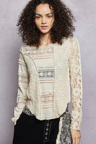 POL Round Neck Long Sleeve Exposed Seam Top with Lace Detail | Dirt Rich Elegance | Apparel, Accessories, Home Goods & Personal Care