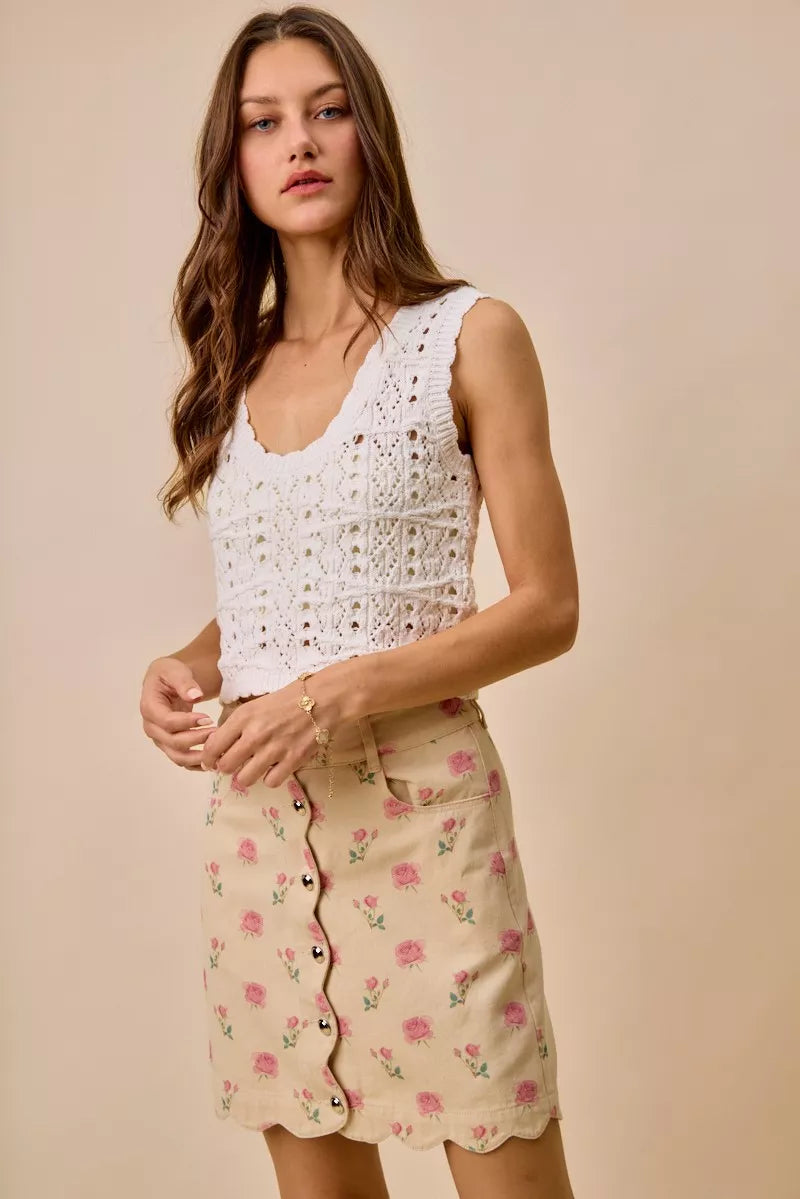 SO ME Floral Rose Print Cotton Twill Scallop Mini Skirt | Dirt Rich Elegance | Apparel, Accessories, Home Goods & Personal Care