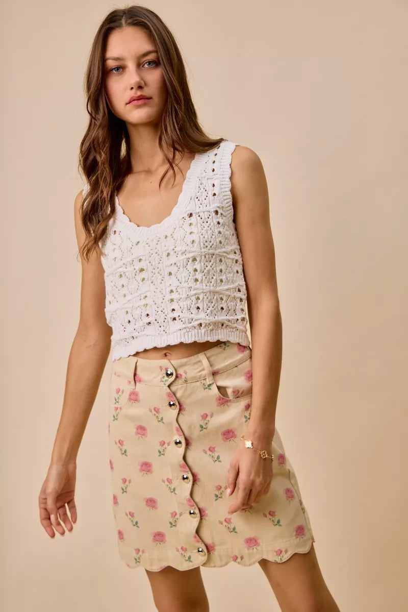 SO ME Floral Rose Print Cotton Twill Scallop Mini Skirt | Dirt Rich Elegance | Apparel, Accessories, Home Goods & Personal Care
