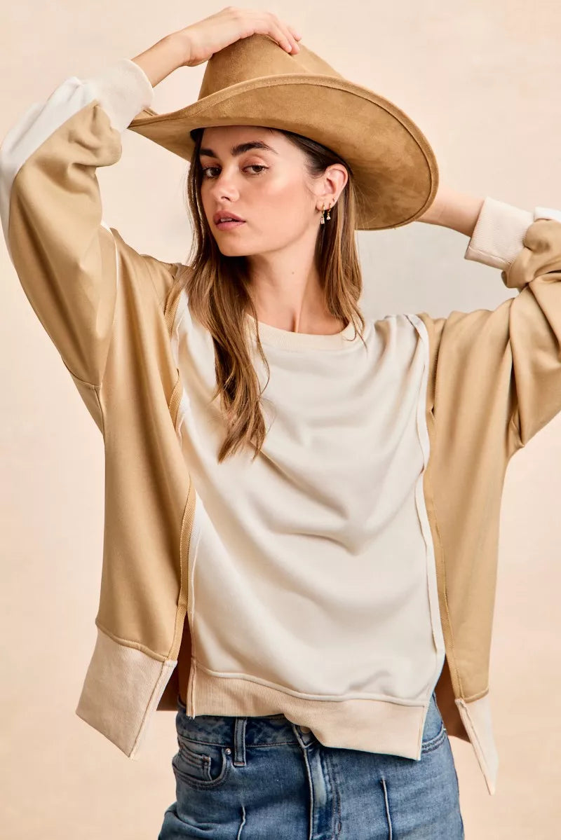 BiBi French Terry Color Block Top With Open Seam Detail | Dirt Rich Elegance | Apparel, Accessories, Home Goods & Personal Care