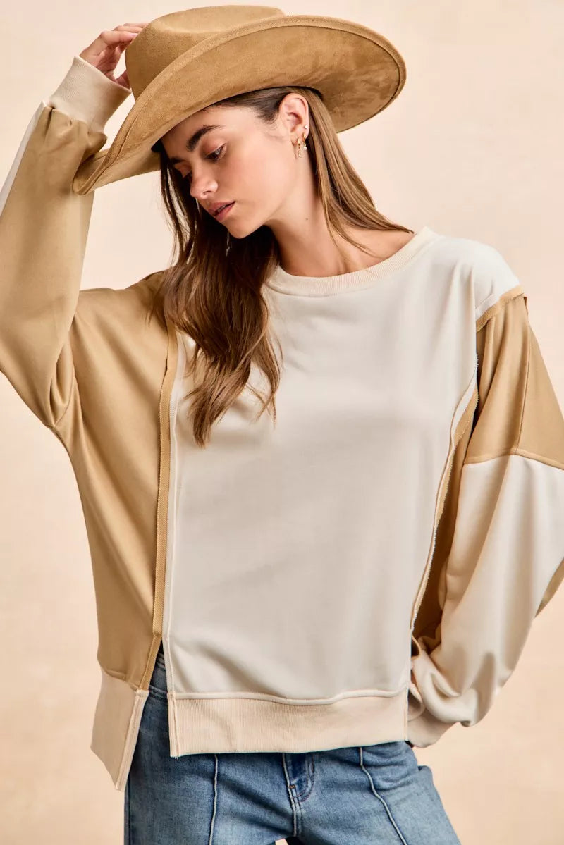 BiBi French Terry Color Block Top With Open Seam Detail | Dirt Rich Elegance | Apparel, Accessories, Home Goods & Personal Care