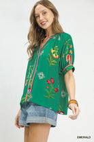 Miami Margaritas Botanical Print Contrast Trim Button Blouse | Dirt Rich Elegance | Apparel, Accessories, Home Goods & Personal Care