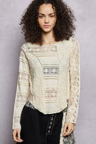 POL Round Neck Long Sleeve Exposed Seam Top with Lace Detail NATURAL | Dirt Rich Elegance | Apparel, Accessories, Home Goods & Personal Care