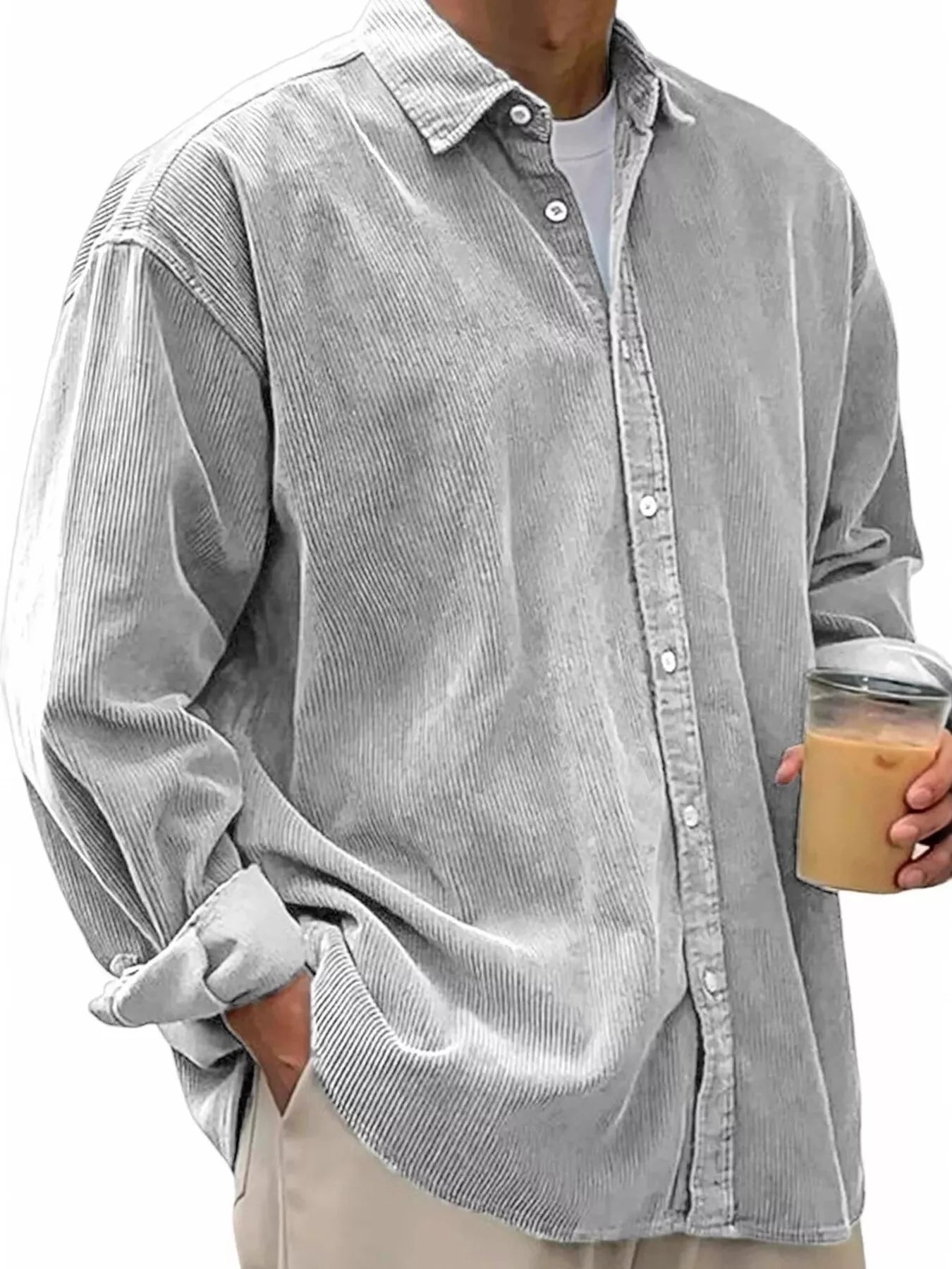 Men's Full Size Vintage Corduroy Long Sleeve Shirt Light Gray | Dirt Rich Elegance | Apparel, Accessories, Home Goods & Personal Care