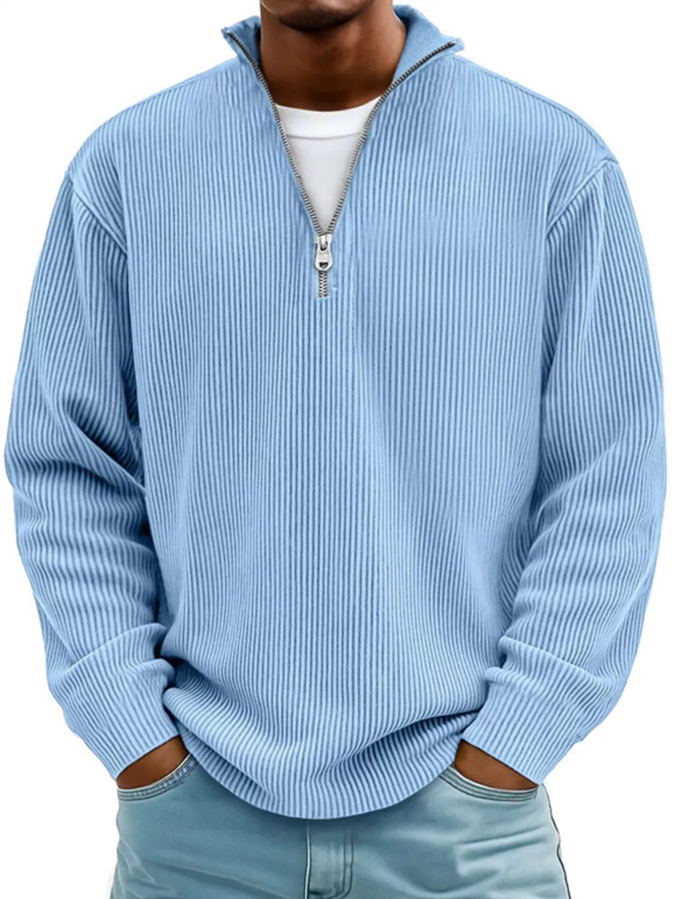 Men's Full Size Corduroy Quarter Zip Pullover Sweatshirt Sky Blue | Dirt Rich Elegance | Apparel, Accessories, Home Goods & Personal Care