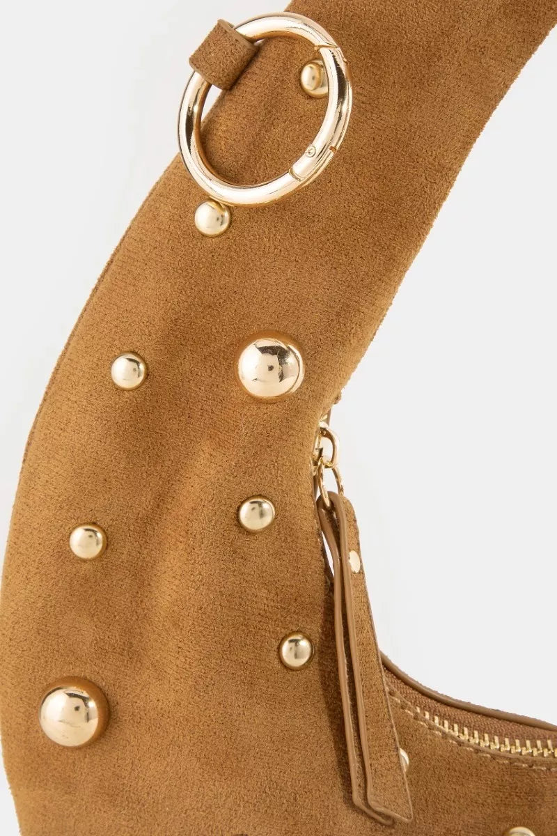 Fame Dome Studded Chrome Crescent Hand Bag | Dirt Rich Elegance | Apparel, Accessories, Home Goods & Personal Care