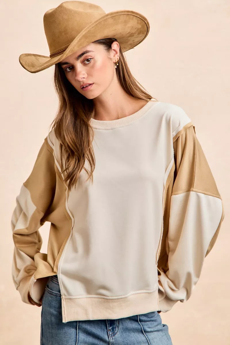 BiBi French Terry Color Block Top With Open Seam Detail | Dirt Rich Elegance | Apparel, Accessories, Home Goods & Personal Care