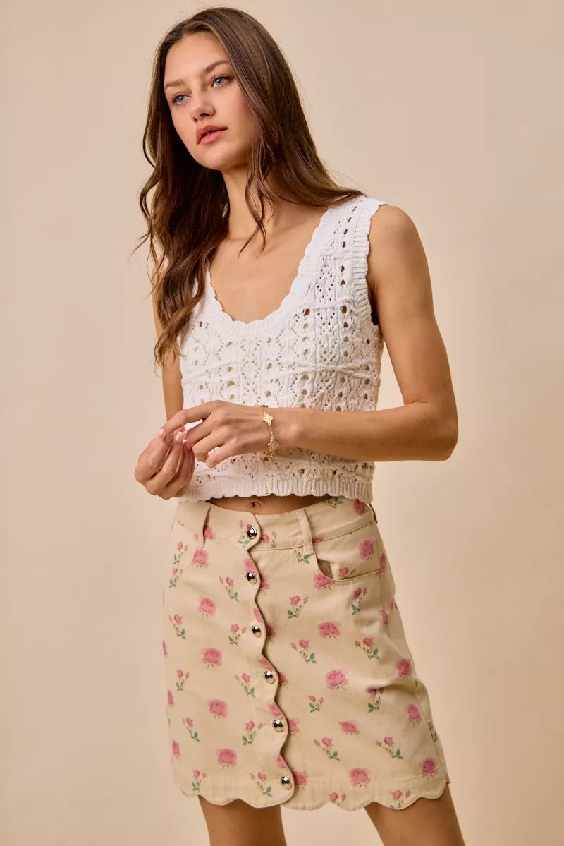 SO ME Floral Rose Print Cotton Twill Scallop Mini Skirt | Dirt Rich Elegance | Apparel, Accessories, Home Goods & Personal Care