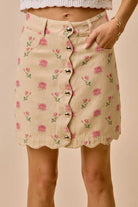 SO ME Floral Rose Print Cotton Twill Scallop Mini Skirt IVORY PINK | Dirt Rich Elegance | Apparel, Accessories, Home Goods & Personal Care