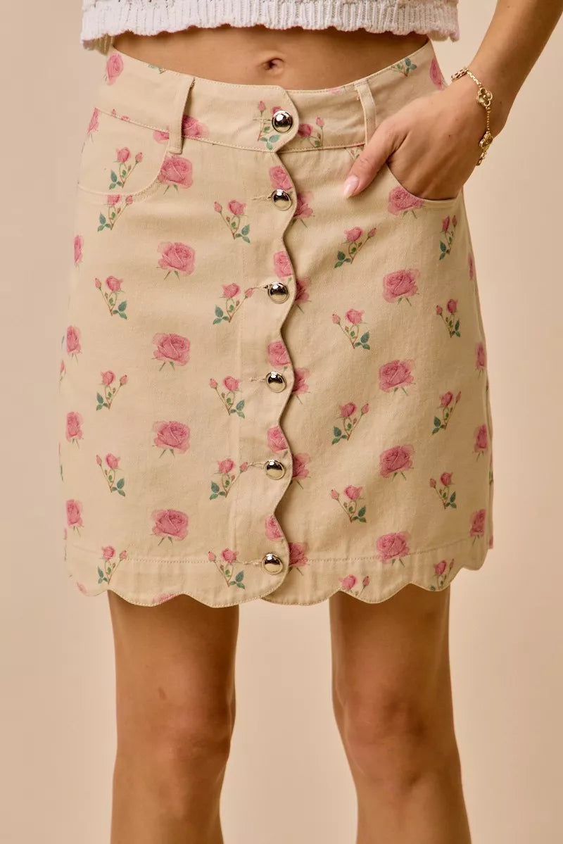 SO ME Floral Rose Print Cotton Twill Scallop Mini Skirt IVORY PINK | Dirt Rich Elegance | Apparel, Accessories, Home Goods & Personal Care