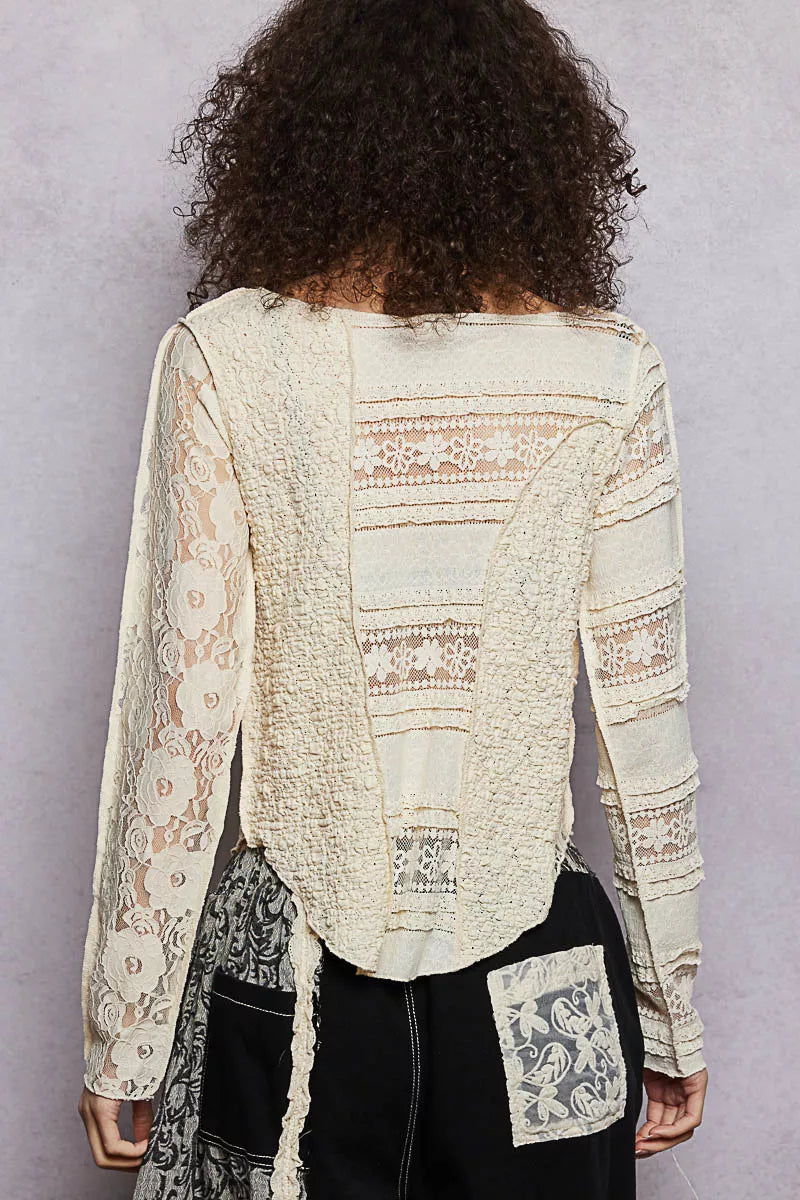 POL Round Neck Long Sleeve Exposed Seam Top with Lace Detail | Dirt Rich Elegance | Apparel, Accessories, Home Goods & Personal Care