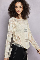 POL Round Neck Long Sleeve Exposed Seam Top with Lace Detail | Dirt Rich Elegance | Apparel, Accessories, Home Goods & Personal Care