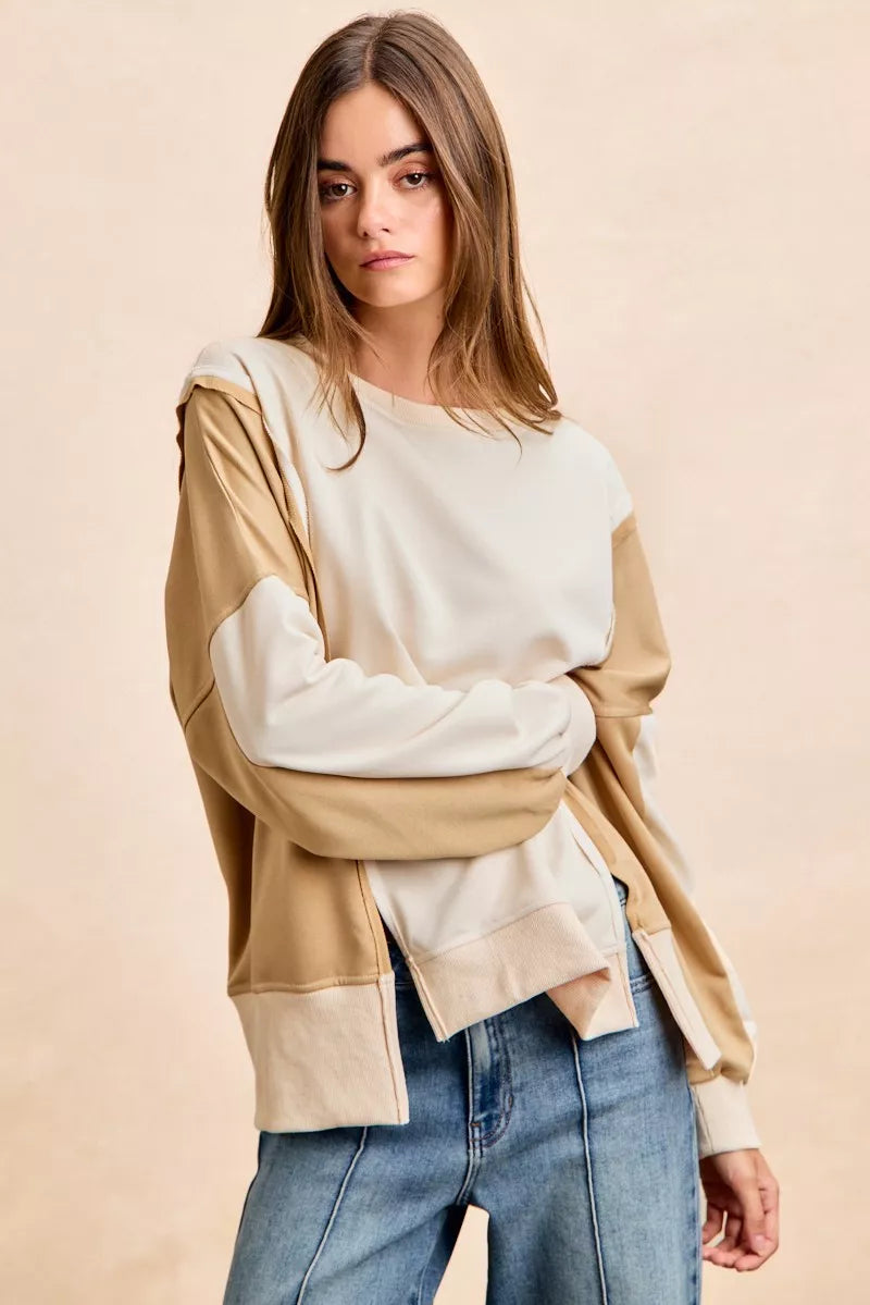 BiBi French Terry Color Block Top With Open Seam Detail | Dirt Rich Elegance | Apparel, Accessories, Home Goods & Personal Care