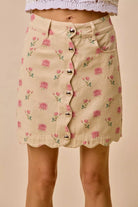 SO ME Floral Rose Print Cotton Twill Scallop Mini Skirt | Dirt Rich Elegance | Apparel, Accessories, Home Goods & Personal Care