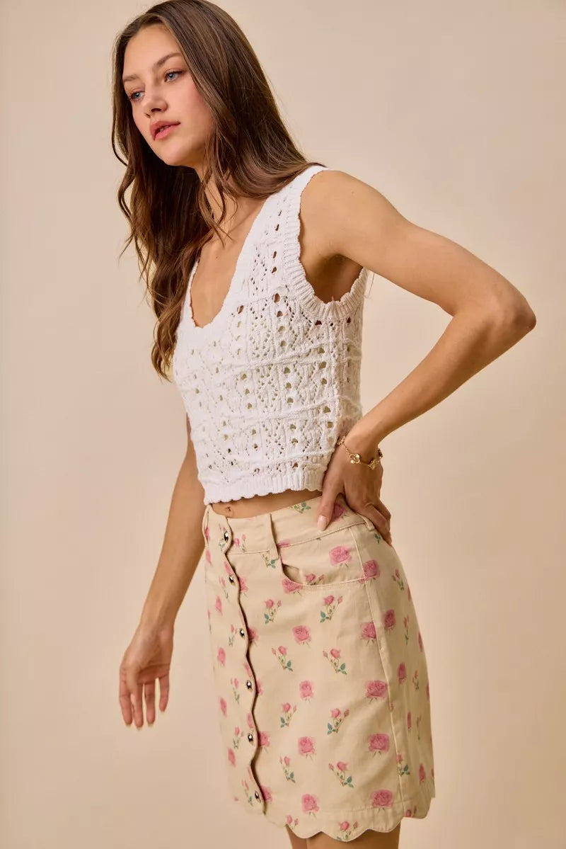 SO ME Floral Rose Print Cotton Twill Scallop Mini Skirt | Dirt Rich Elegance | Apparel, Accessories, Home Goods & Personal Care